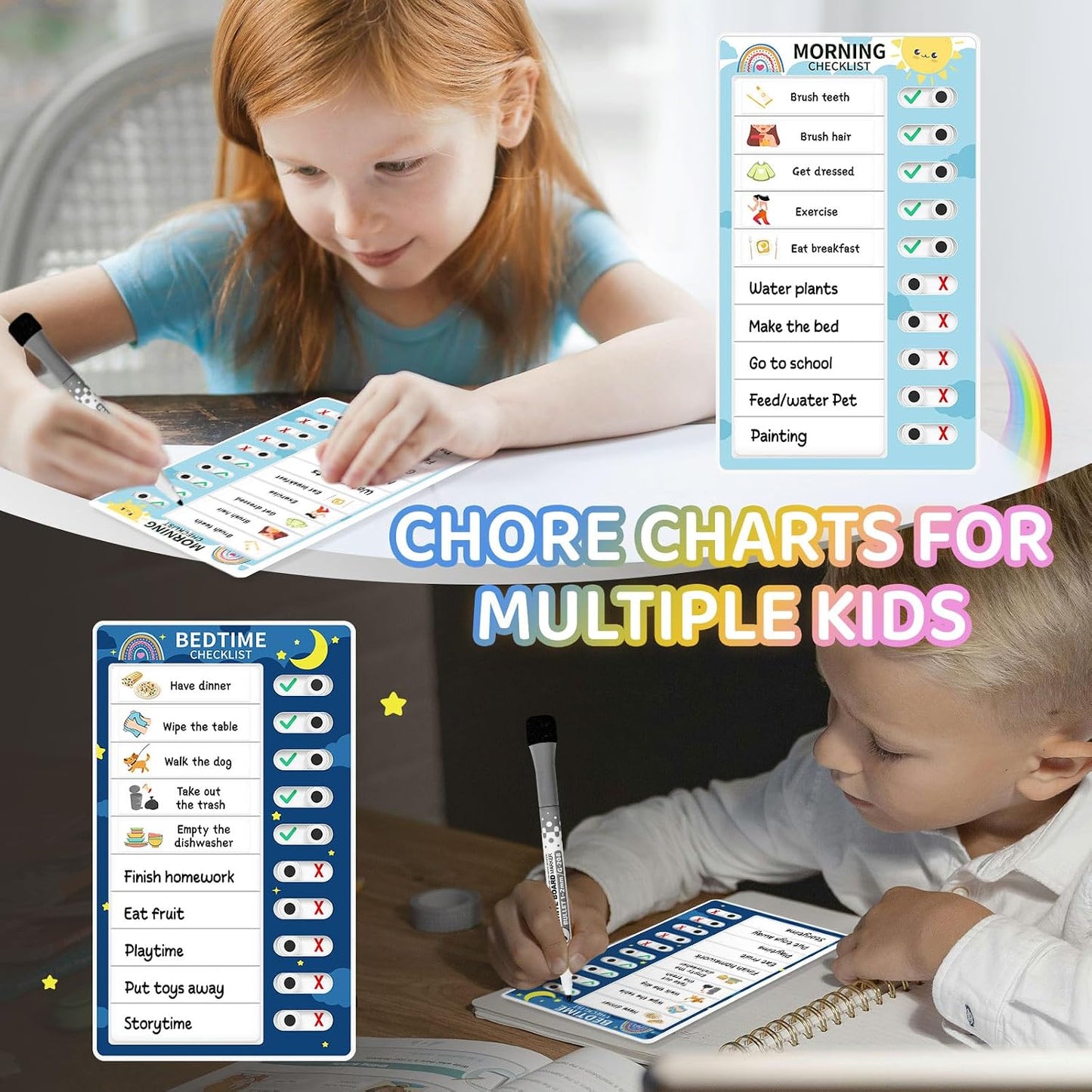 Chore Chart for Kids: Dry Erase Visual Schedule, Magnetic Bedtime/Morning Routine Chart - Toddler Chore Board, Checklist, To Do List for Kids (2 morning checklists, 2 bedtime checklists)
