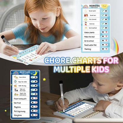 Chore Chart for Kids: Dry Erase Visual Schedule, Magnetic Bedtime/Morning Routine Chart - Toddler Chore Board, Checklist, To Do List for Kids (2 morning checklists, 2 bedtime checklists)