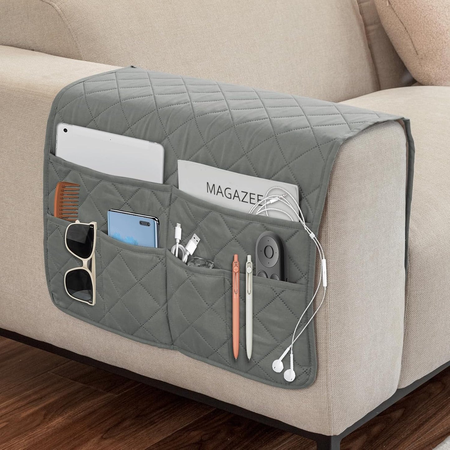 Remote Control Holder for Recliner, Armchair Caddy, Non Slip Sofa Armrest Organizer for Recliner Couch With 6 Pockets for TV Remote,Cell Phone,Magazine (Off-White)