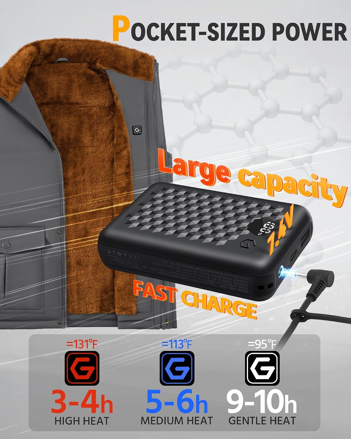 Wulcea Graphene Heated Vest Fleece For Men 7.4V Fast Charge Large Capacity Battery