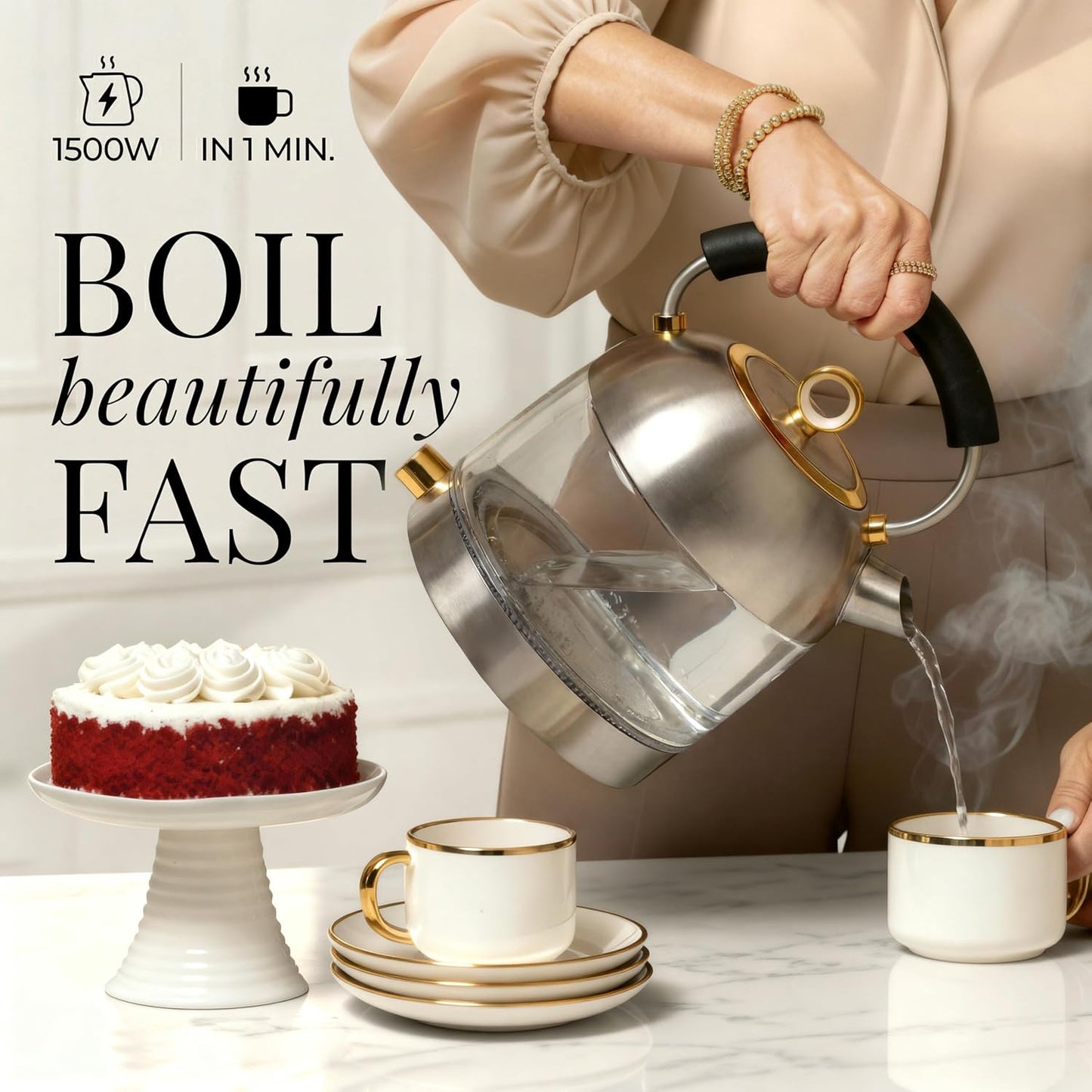 Styled Settings Stainless Steel Electric Kettle with Temperature Control | BPA and Plastic Free Electric Kettle with Keep Warm Function, Borosilicate Glass -1500W Hot Water Boiler with Digital Display