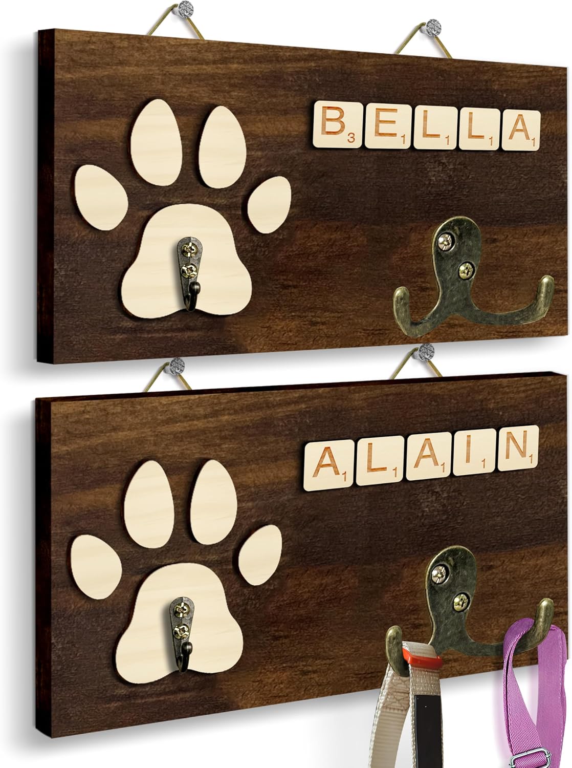 Dog Leash Holder Wall Mount, Pet Harness Hanger with Scrabble Letters, Dog Collar Organizer for Entryway, Memorial Cat Leash Holder for Wall, Pet Loss Gifts, Keepsake, Home Decor PF212-NAT