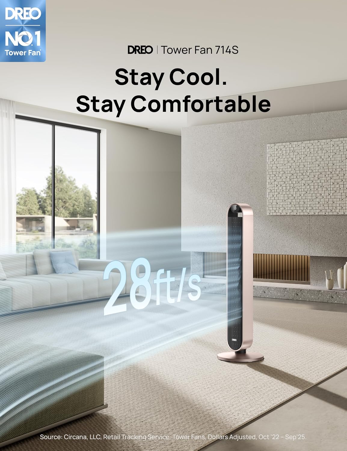 DREO Smart Tower Fan for Bedroom, 120° Oscillating Fan, 12 Speeds