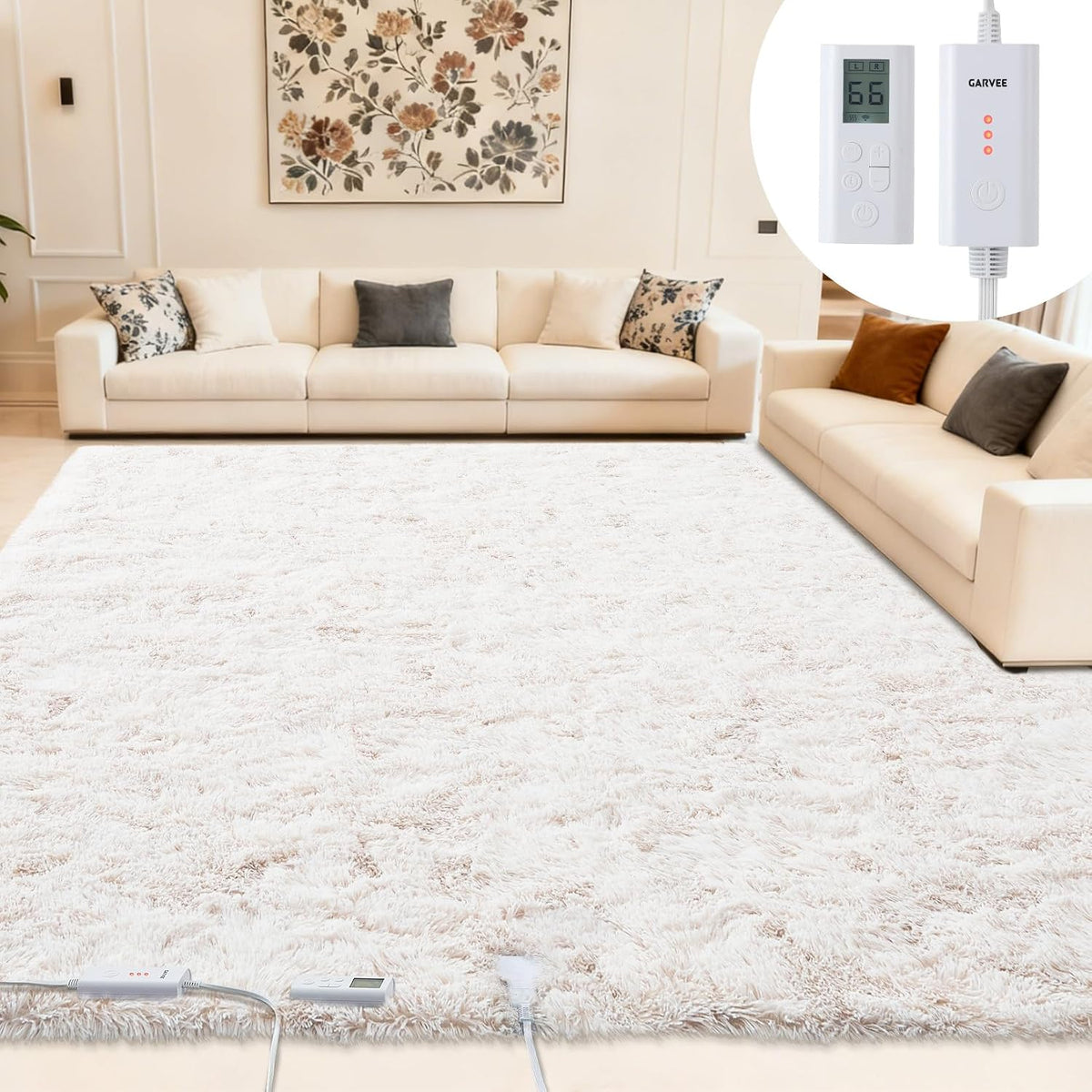 GarveeHome 8x10 ft Wireless Heated Floor Mat, Heated Rug Gaming Rug with 6 Heat Levels & 10H Auto Off, Soft Plush Heating Carpet Foot Warmer for Living Room Bedroom Office Playroom, White