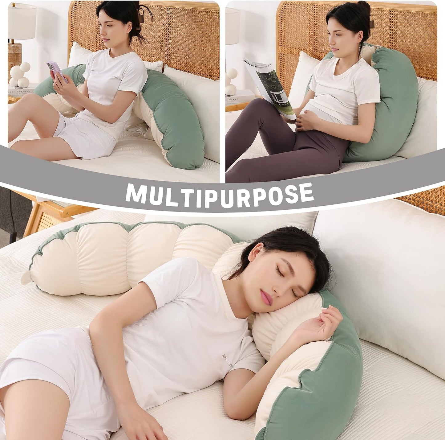 Peallow(Pat. Pend) – Long Round Body Pillow for Adults, Bolster Pillow for Sleeping, Soft and Supportive Pillow for Sleeping & Lumbar Support (Green-White, 29.5")