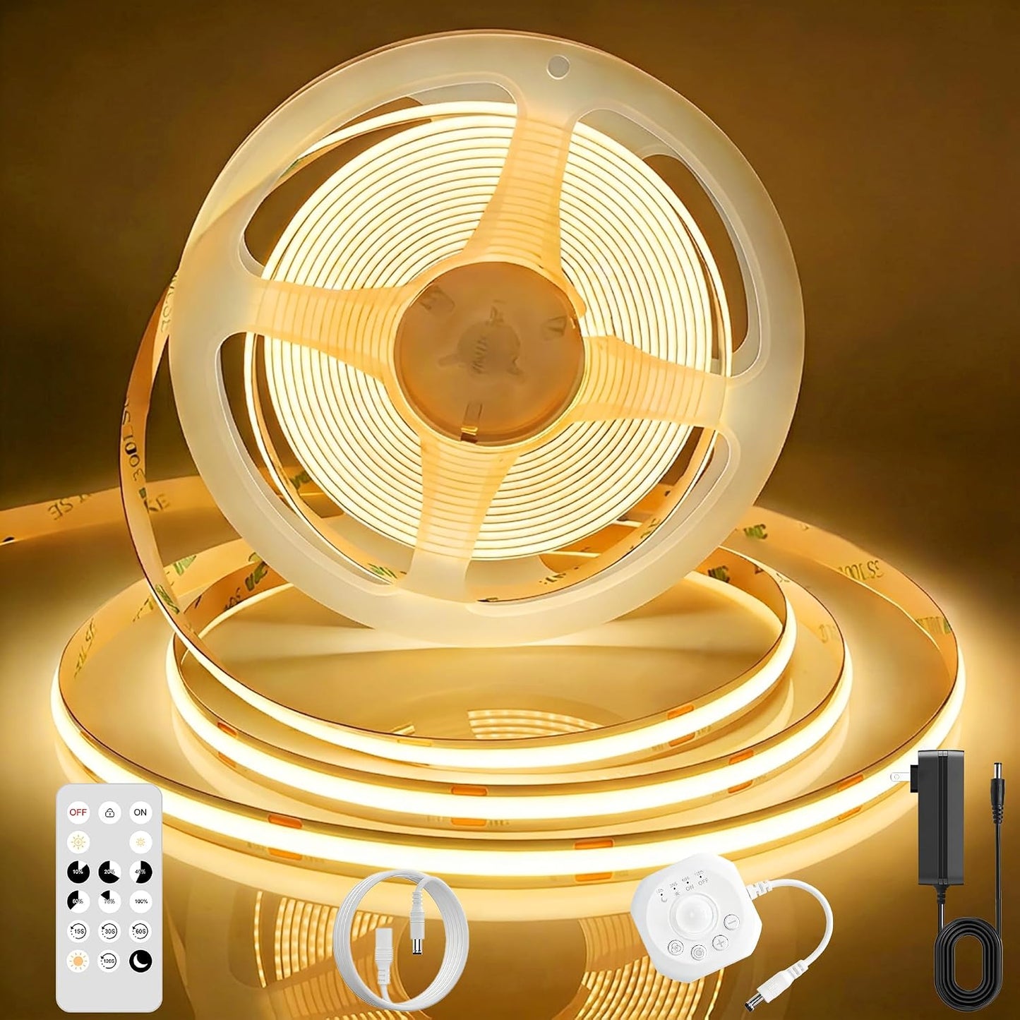 AXMOTUT Motion Sensor COB LED Strip Lights with Remote, 24V 9.84ft Natural White Dimmable LED Light Strips, High Bright 4000K LED Lights with Power Supply for Room, Kitchen, DIY Home Decoration
