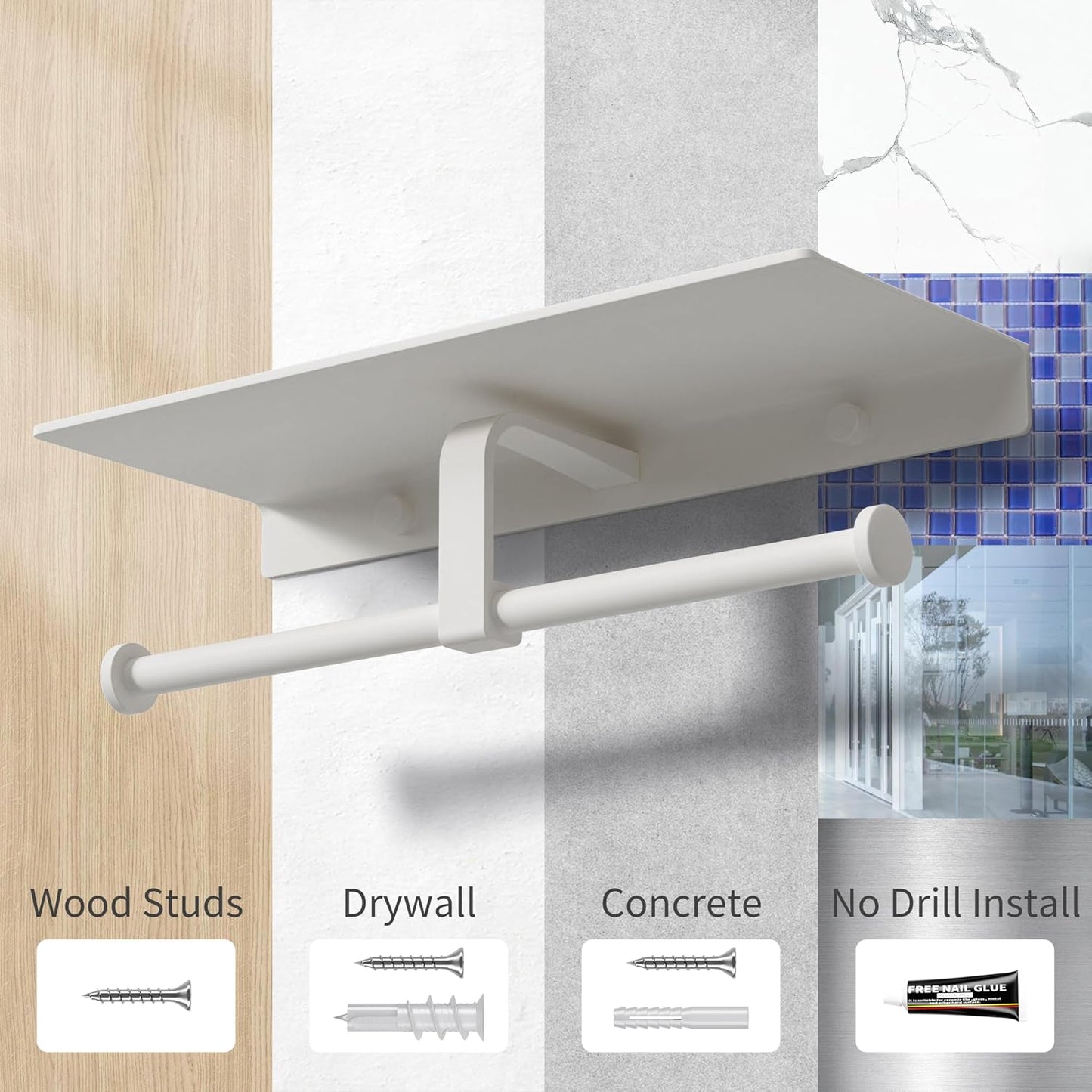 Matte Black Toilet Paper Holder with Shelf, Wall-Mounted Bathroom Organizer, Double Roll
