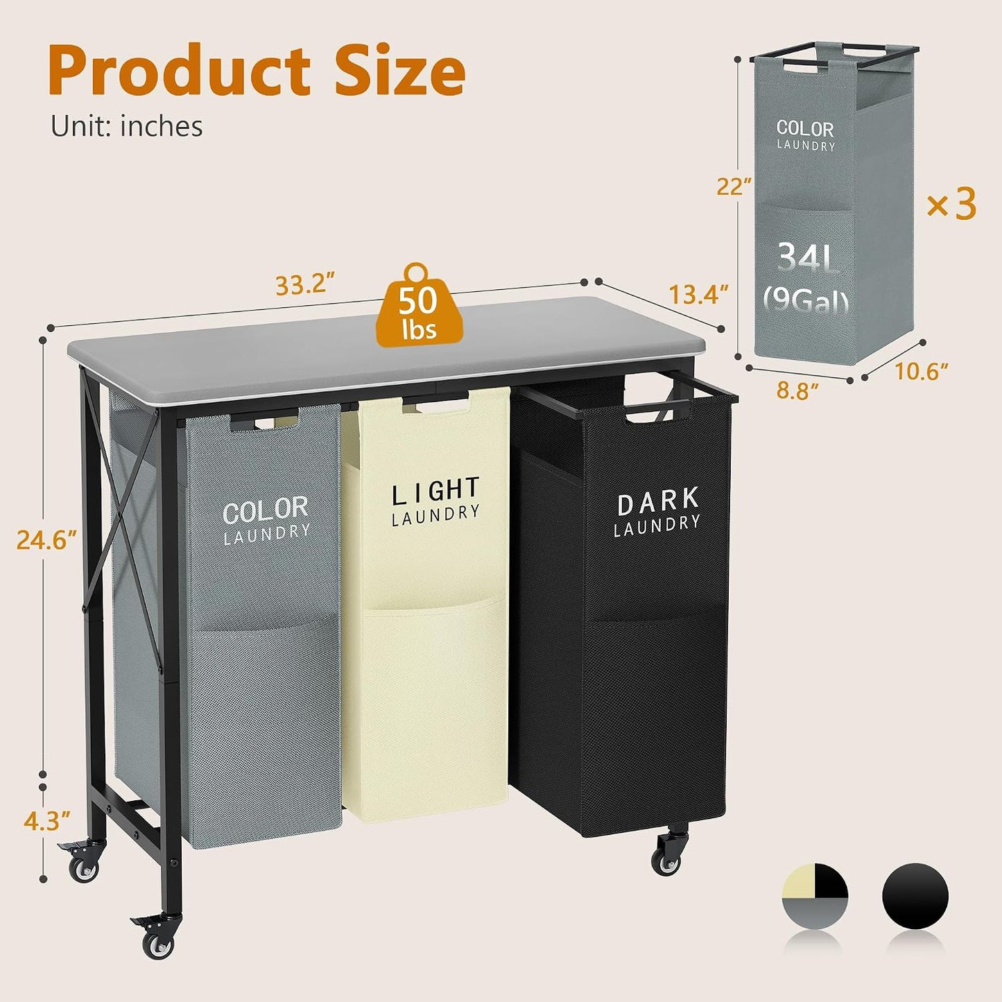 Gewudraw 3 Section Laundry Sorter with Ironing Board, Black | Laundry Sorter with Removable Bags, Heavy-Duty Rolling Laundry Cart, Lockable Wheels, For Bathroom, Bedroom