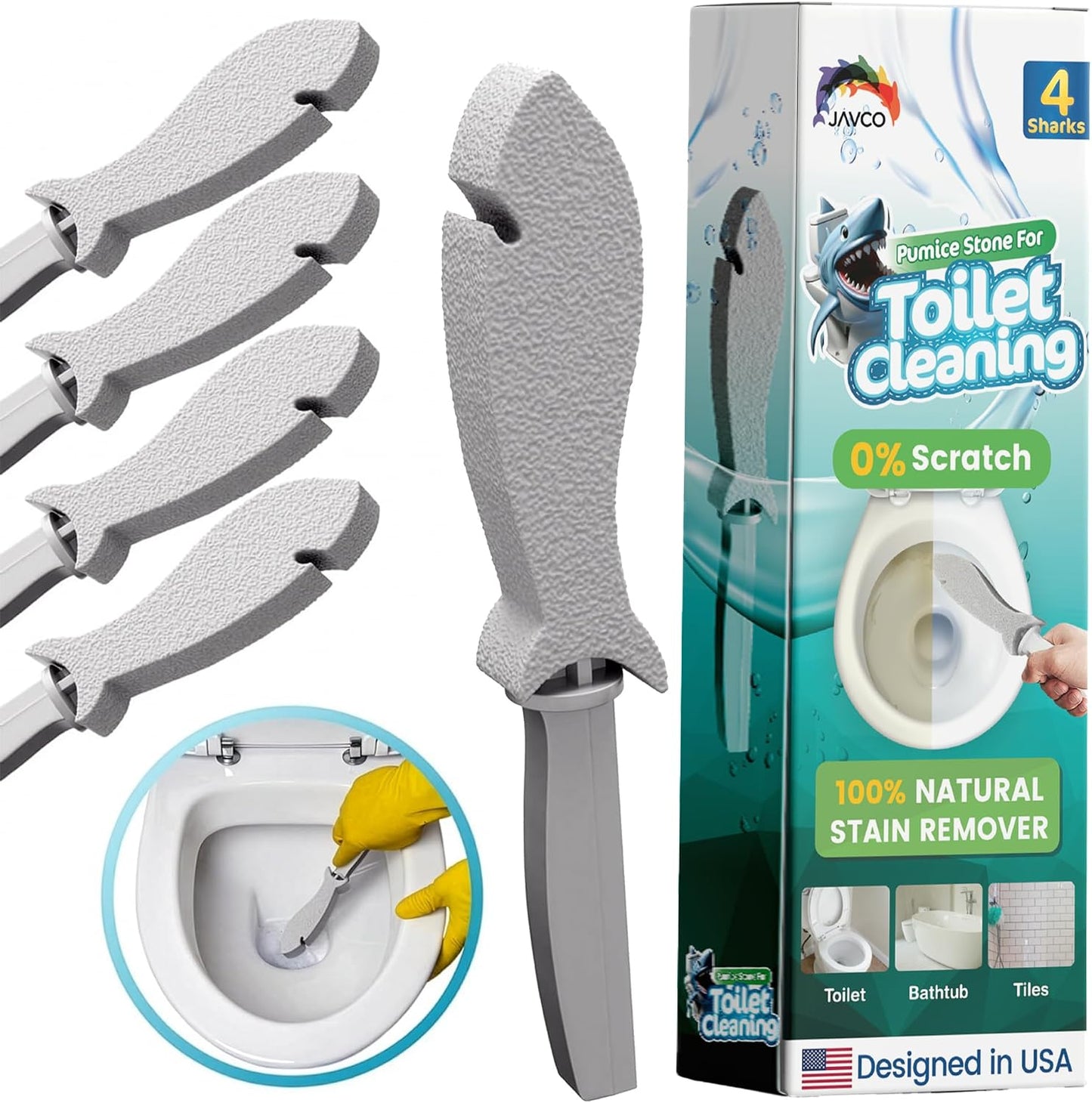 JAVCO Pumice Stone for Cleaning with Handle (4 Pack) – Scrubbing Stone for Porcelain, Ceramic and Tile, Pumiceshark for Toilet Cleaning (4, value pack)