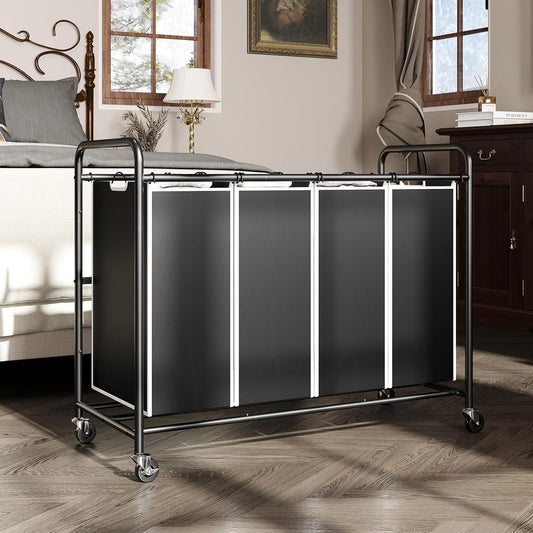 ROMOON Laundry Hamper Sorter Cart, 4-Section Organizer with Lockable Wheels | Heavy-Duty 180L Rolling Laundry Basket with Removable Bags for Dirty Clothes in Laundry Room or Small Spaces, Multicolor