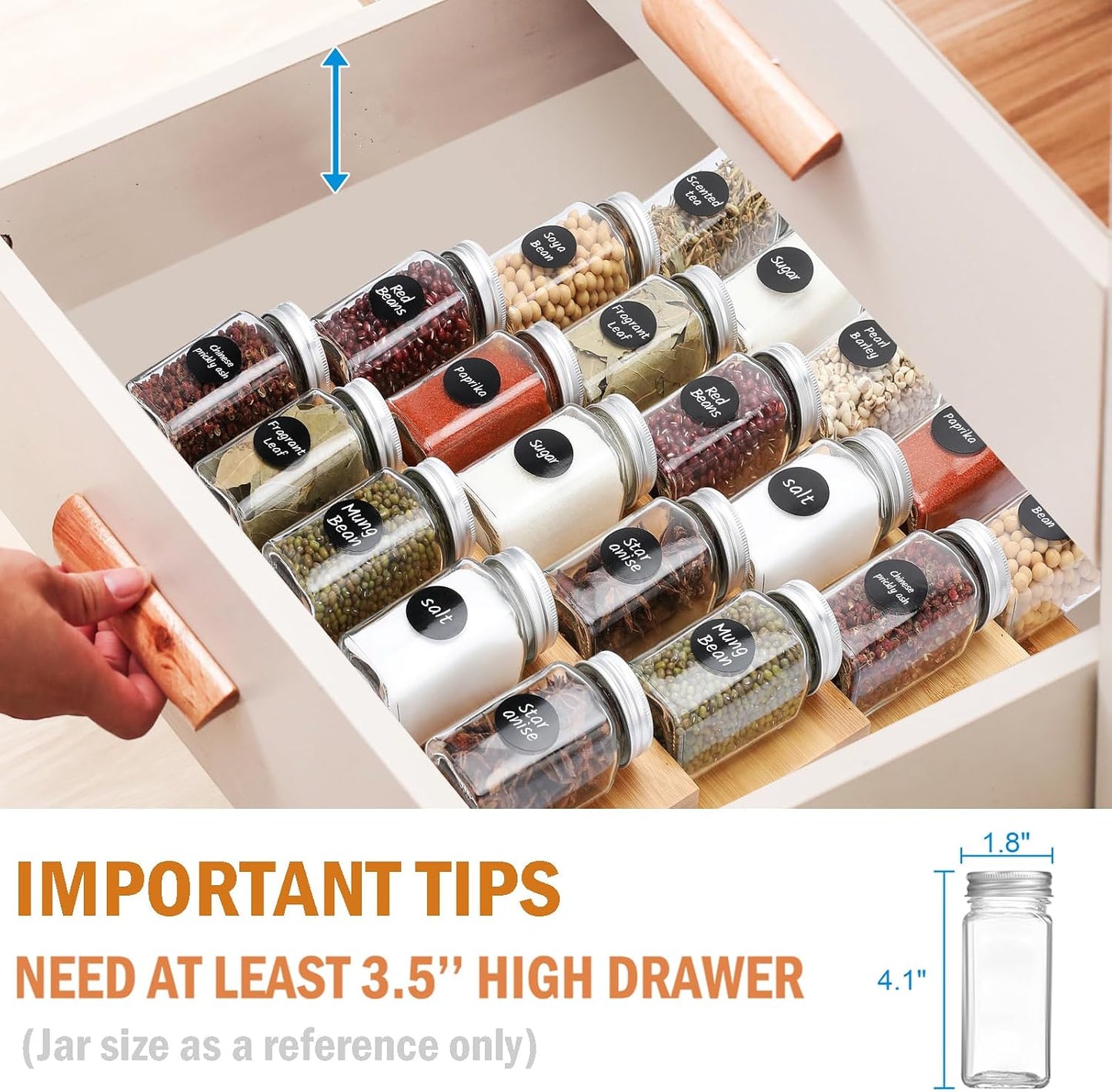 Bamboo Spice Drawer Organizer, 4 Tier Expandable From 13" to 26"