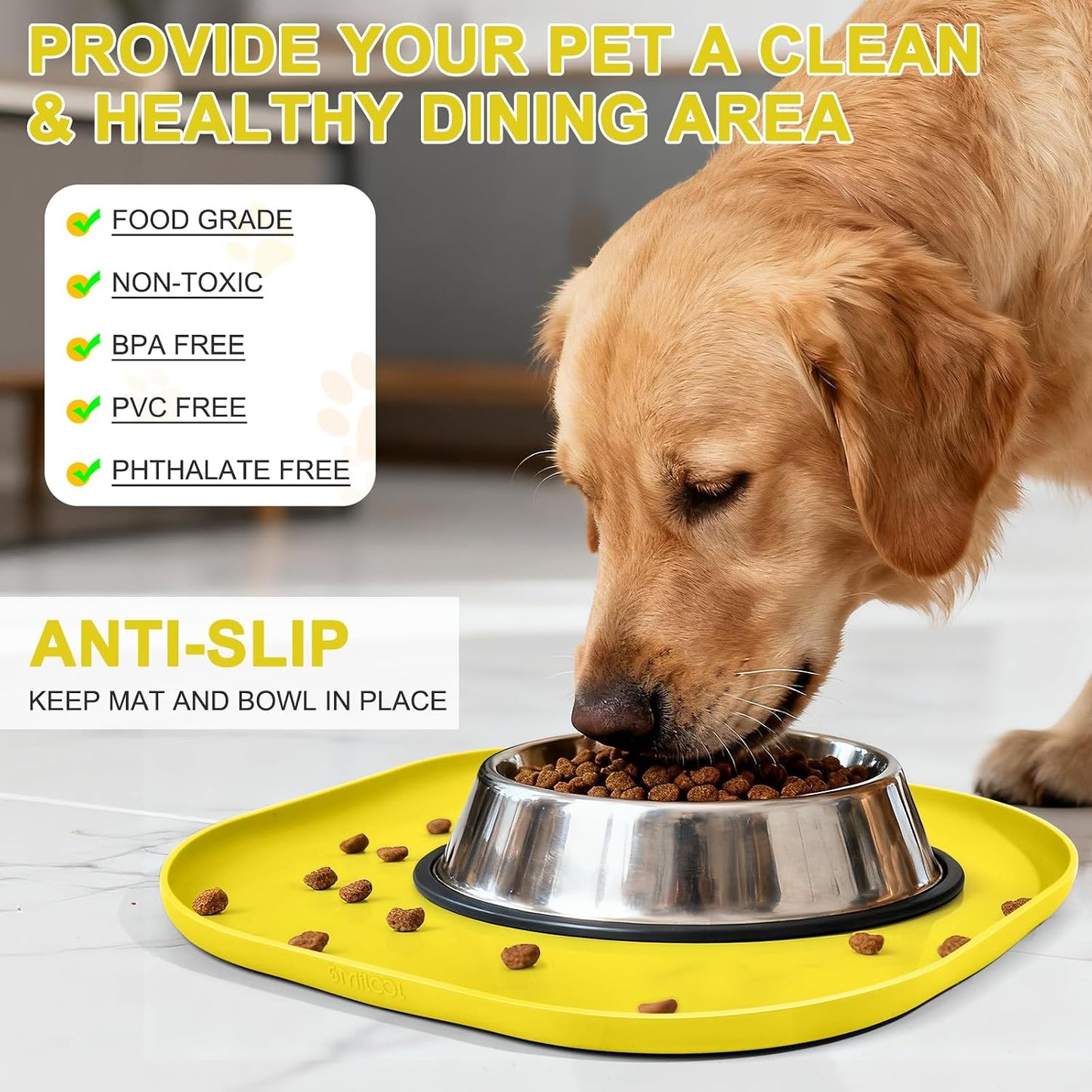 SMILOOL Waterproof Silicone Pet Food Mat with Raised Edge for Dog & Cat | 19" x 12" Non-Slip Pet Feeding Mats with Lip for Food & Water Bowl, Food Grade, Easy Cleaning, Black