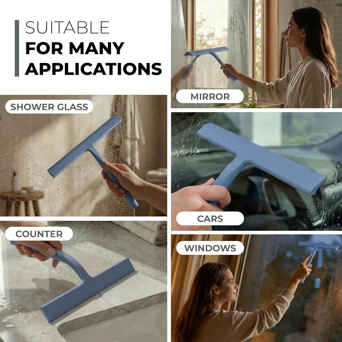 Silicone Shower Squeegee with 3-in-1 No-Drill Mount, Black, 9'' | Squeegee for Glass Doors & Mirrors with Stainless Steel Core, Streak-Free & No-Squeak Window Cleaning, Hook/Suction/Adhesive
