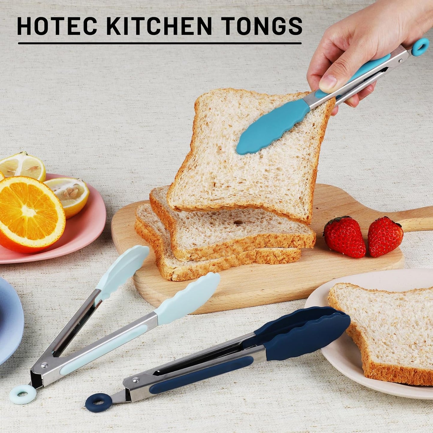 Hotec Mini Silicone Kitchen Tongs for Cooking - 7-Inch Small Serving Tongs with Silicone Tips, Set of 3 (Black,Grey,Light Blue)