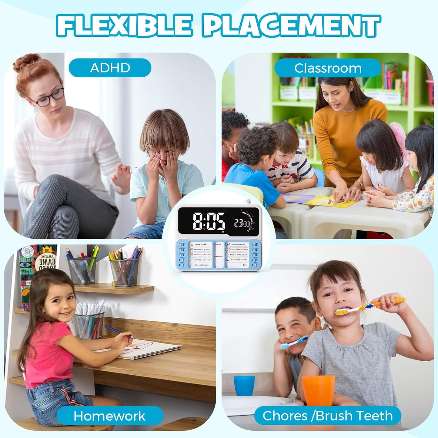 7-in-1 Visual Timer with Task Planner - Blue | ADHD Time Management Tool With Alarm, Countdown, Calendar, Temperature Display and Storage, Ideal for Home and School
