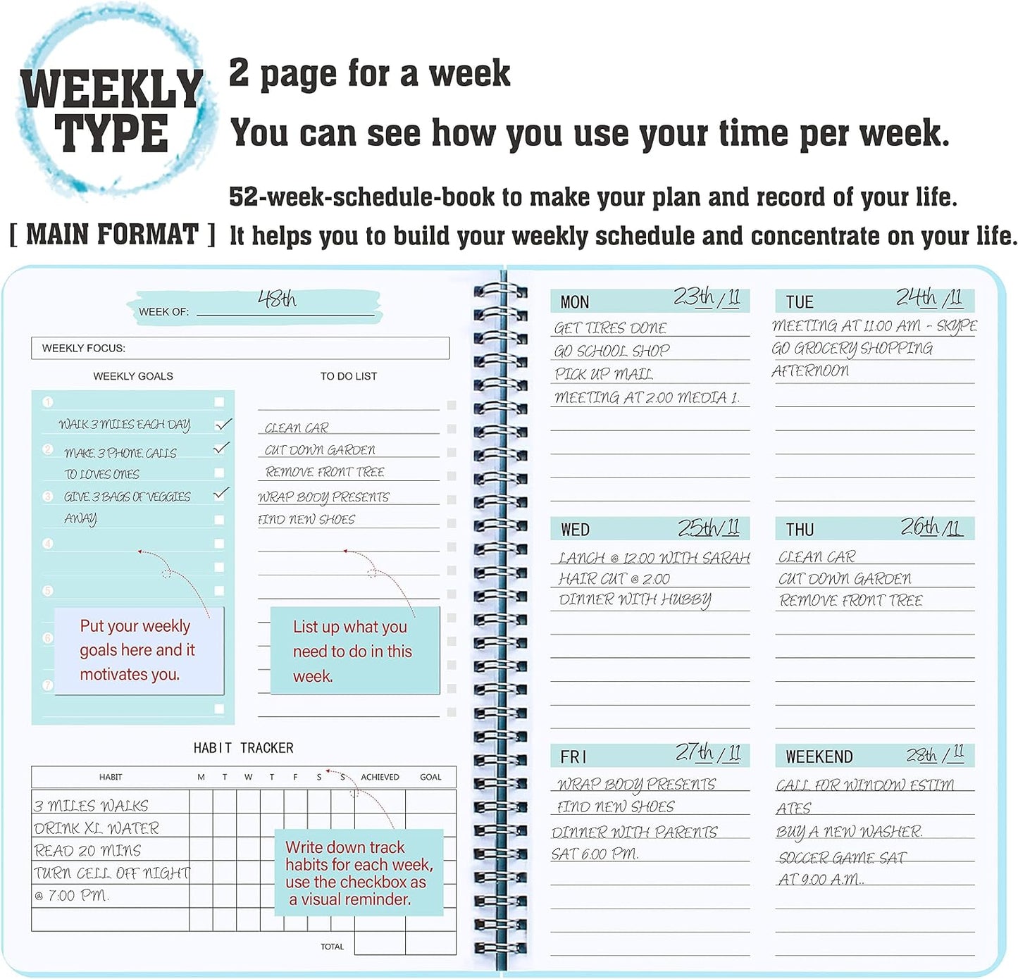 Undated Weekly Planner With Habit Tracker & To Do List 5.7 x 8.0 inch | Avoid Unfocused Busywork,Productivity Organizer,No-Bleed Thick Pages,Portable Size,Lay-Flat Spiral for Hands Free