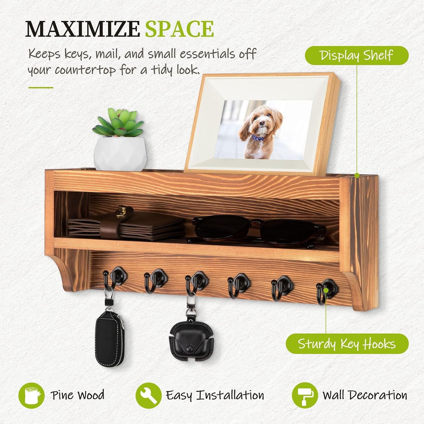 Nekon Key Holder Wall Mount, Pine Wooden Mail Organizer, White | 12.8"W x 5.6"H x 3.7"D Wall Mounted Key and Mail Organizer with 6 Key Hooks, Key Rack for Home Entryway Decor
