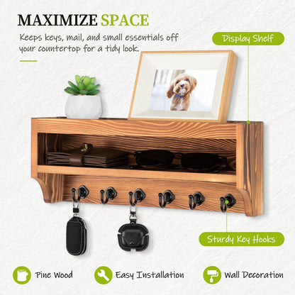 Nekon Key Holder Wall Mount, Pine Wooden Mail Organizer, White | 12.8"W x 5.6"H x 3.7"D Wall Mounted Key and Mail Organizer with 6 Key Hooks, Key Rack for Home Entryway Decor