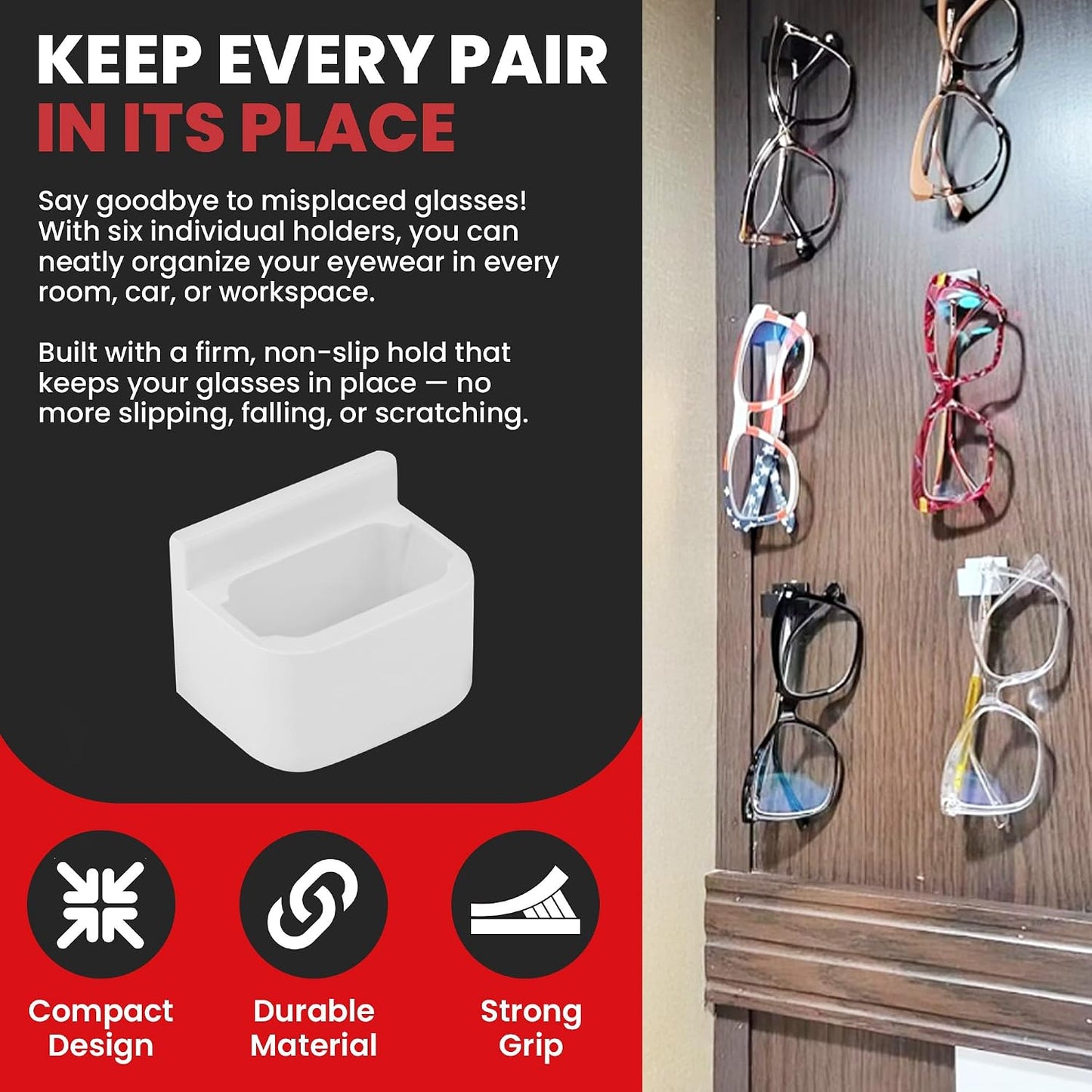 Glasses Keep Sunglass Organizer, Wall Mounted Eyeglass Holder, 6 Pack | Compact Sunglass Holder, Sunglass Hanger with Strong Adhesive Hold, Woodworking Shop & Dashboard Use, Prevent Misplacement