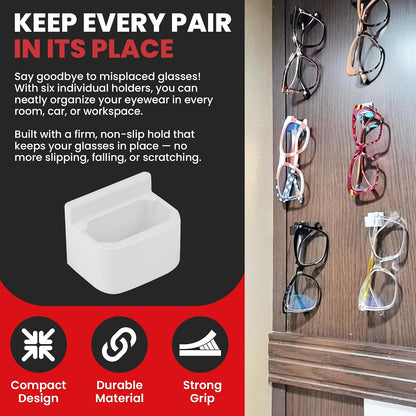 Glasses Keep Sunglass Organizer, Wall Mounted Eyeglass Holder, 6 Pack | Compact Sunglass Holder, Sunglass Hanger with Strong Adhesive Hold, Woodworking Shop & Dashboard Use, Prevent Misplacement