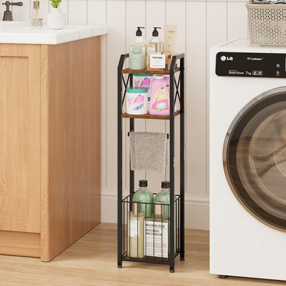 HapiRm Freestanding Toilet Paper Holder - 4-Tier Bathroom Tissue Organizer with Wood Shelves and Large Basket, Toilet Paper Holder Stand for Bathroom, Laundry Room, Apartment - Black（Large）
