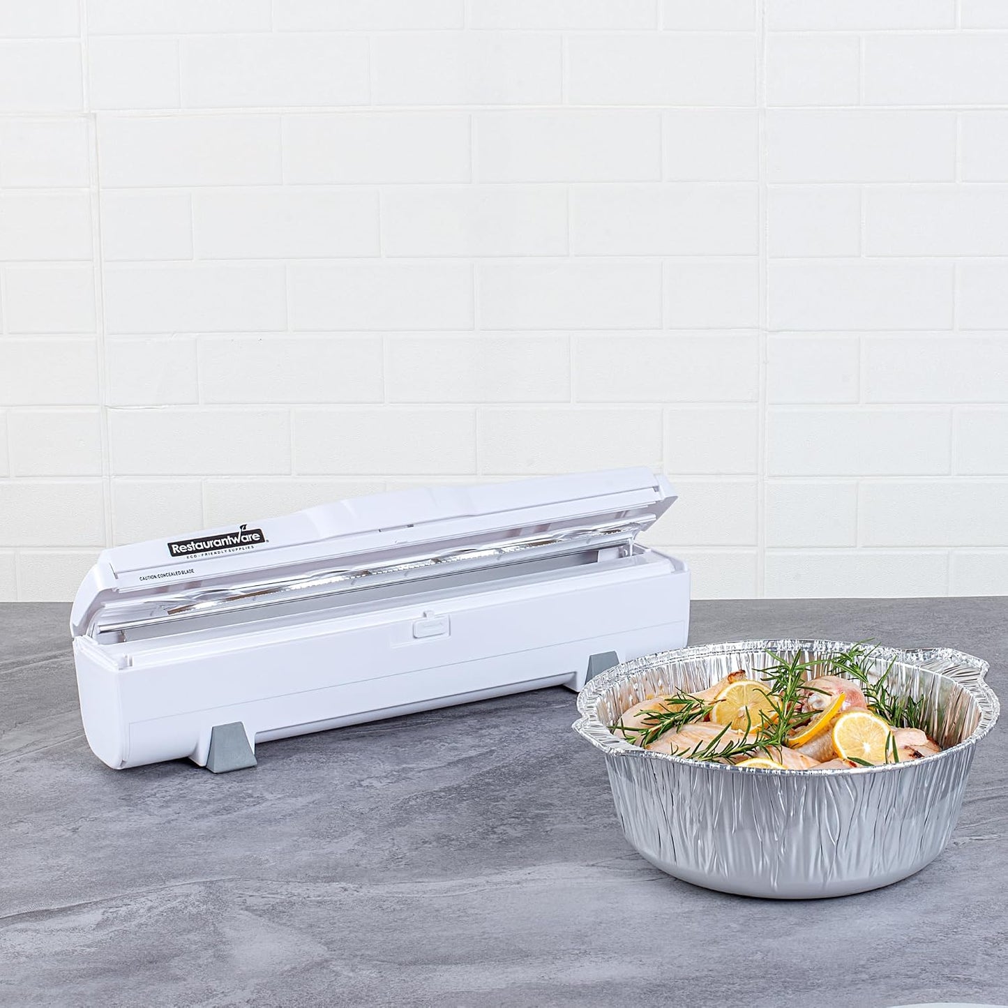 Restaurantware-Chef 101 Food Wrap Dispenser with Cutter, 1 Refillable Cling Wrap Dispenser - Fits 12” to 18” x 1000’ Rolls, Press Down and Cut, White Plastic Aluminum Foil, Sharp Blade