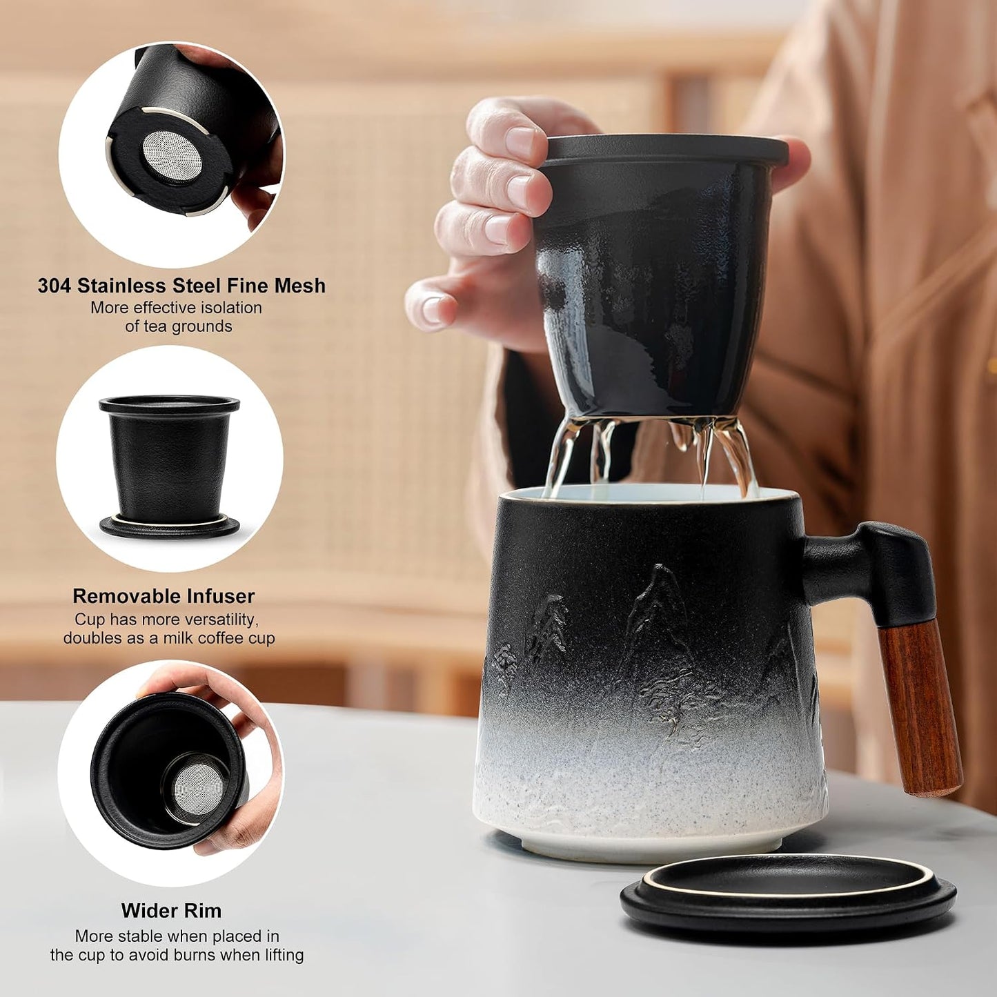 suyika Tea Cup with Infuser and Lid, 15.2 Ounce Wood Handle Ceramic Loose Leaf Mug Gradient Black&Green 450ml