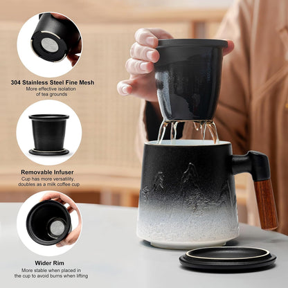suyika Tea Cup with Infuser and Lid, 15.2 Ounce Wood Handle Ceramic Loose Leaf Mug Gradient Black&Green 450ml