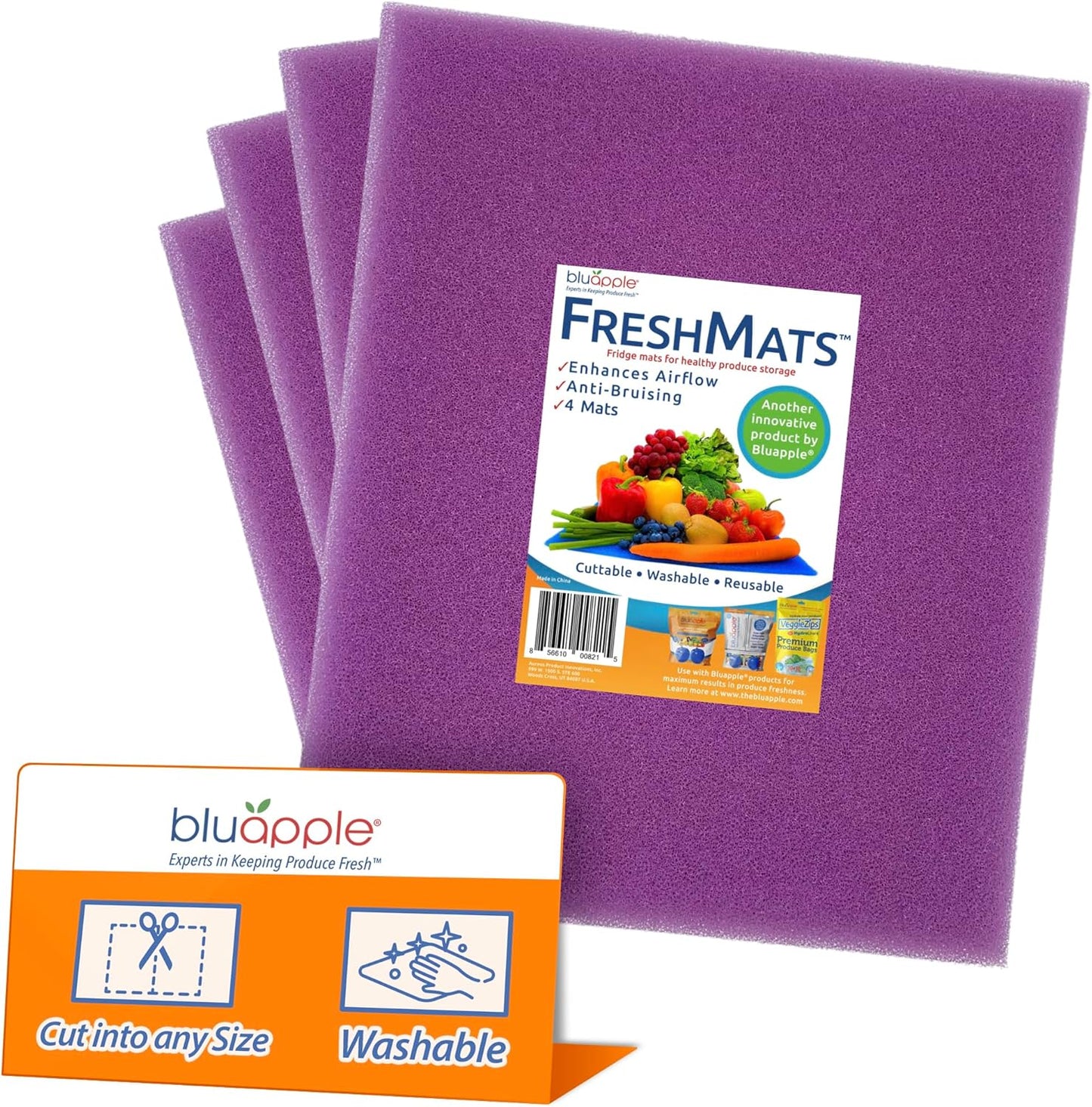 Bluapple FreshMats - Refrigerator Bin Liners, Fridge Drawer Mats - Keeps Produce Fresh Longer, Prevents Bruising, Promotes Air Circulation - BPA-Free Polyurethane Foam - (4-Piece Set, 12"x15", Green)