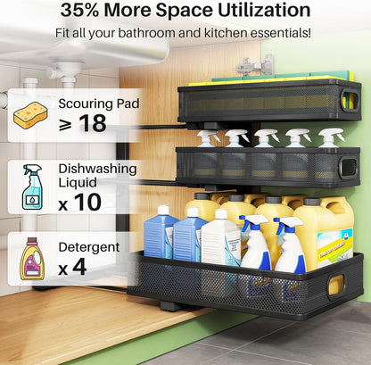 Kitstorack Under Sink Organizer, 2-Pack 3-Tier Height Adjustable Thickened Metal Pull out Cabinet Organizer Shelf, Slide out Storage Drawer Rack for Bathroom Kitchen Pantry Home Laundry Organization