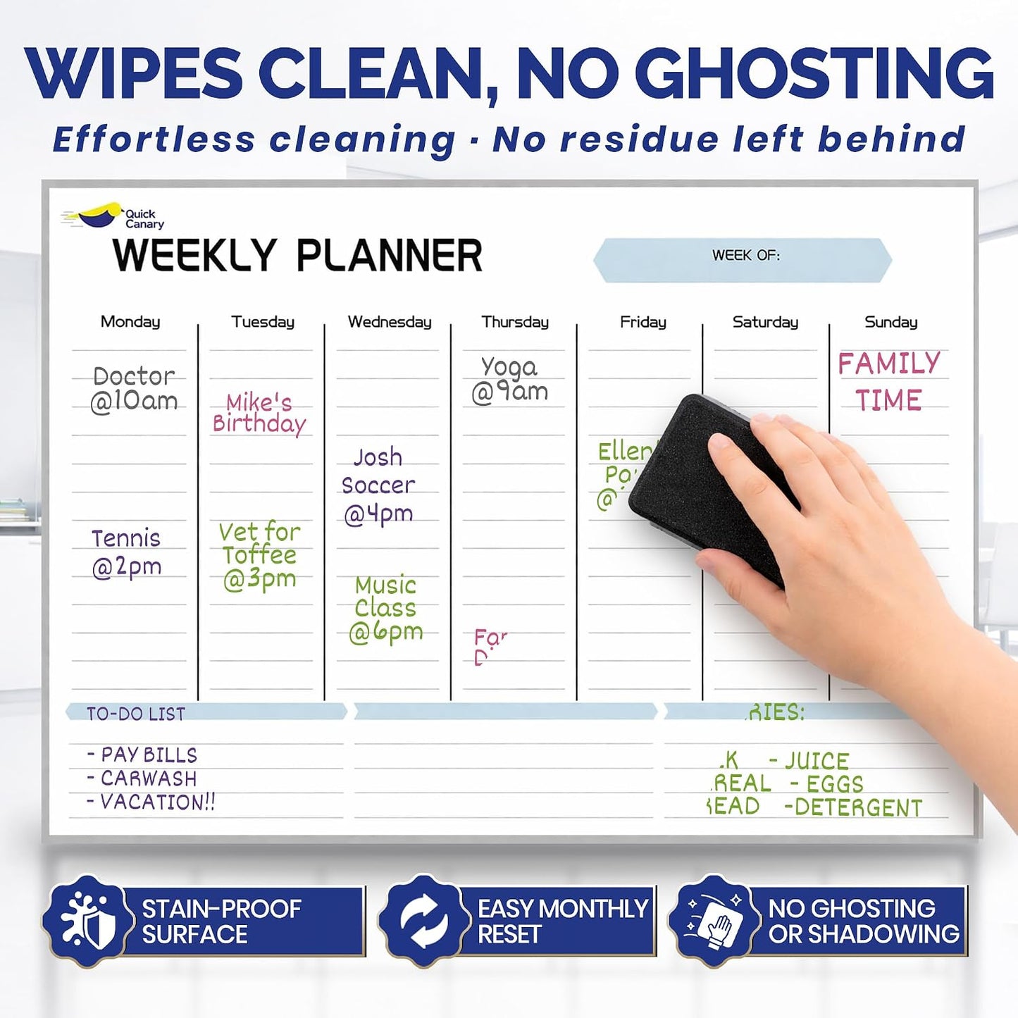 Large Magnetic Weekly Planner for Fridge, Dry Erase Whiteboard | 17x12" Stain-Resistant Surface, Strong Full-Back Magnet, 7-Day Weekly Planner for Meals & Chores, 4 Markers & Eraser