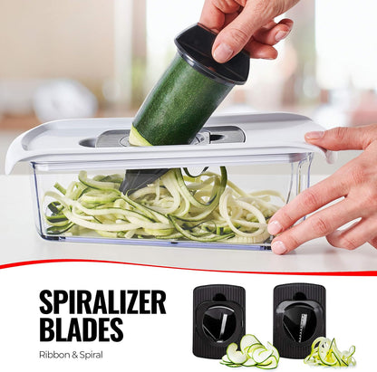 Fullstar Pro Mandoline Vegetable Slicer, Grater & Spiralizer with Container | 6 in 1 Fruit Cutter, Cheese Grater & Spiralizer with Safety Gloves, Stainless Steel Blades & Container (Black)
