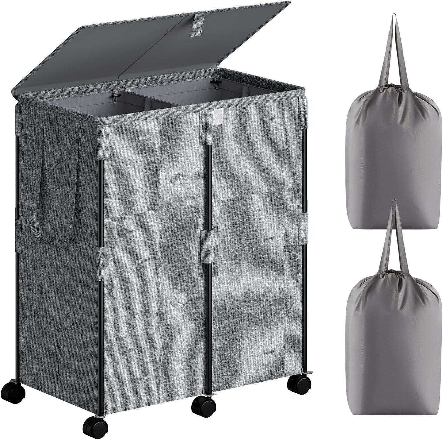 140L Double Laundry Hamper with Lid and 6 Wheels, Rolling Laundry Basket | Gasvadivum Metal Frame Laundry Sorter 2 Section with 2 Removable Bags, Large Clothes Cart for Bedroom, Bathroom, Black