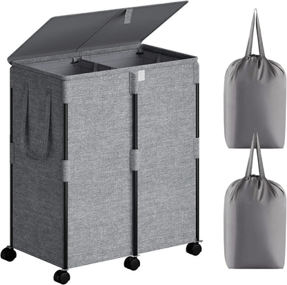 140L Double Laundry Hamper with Lid and 6 Wheels, Rolling Laundry Basket | Gasvadivum Metal Frame Laundry Sorter 2 Section with 2 Removable Bags, Large Clothes Cart for Bedroom, Bathroom, Black