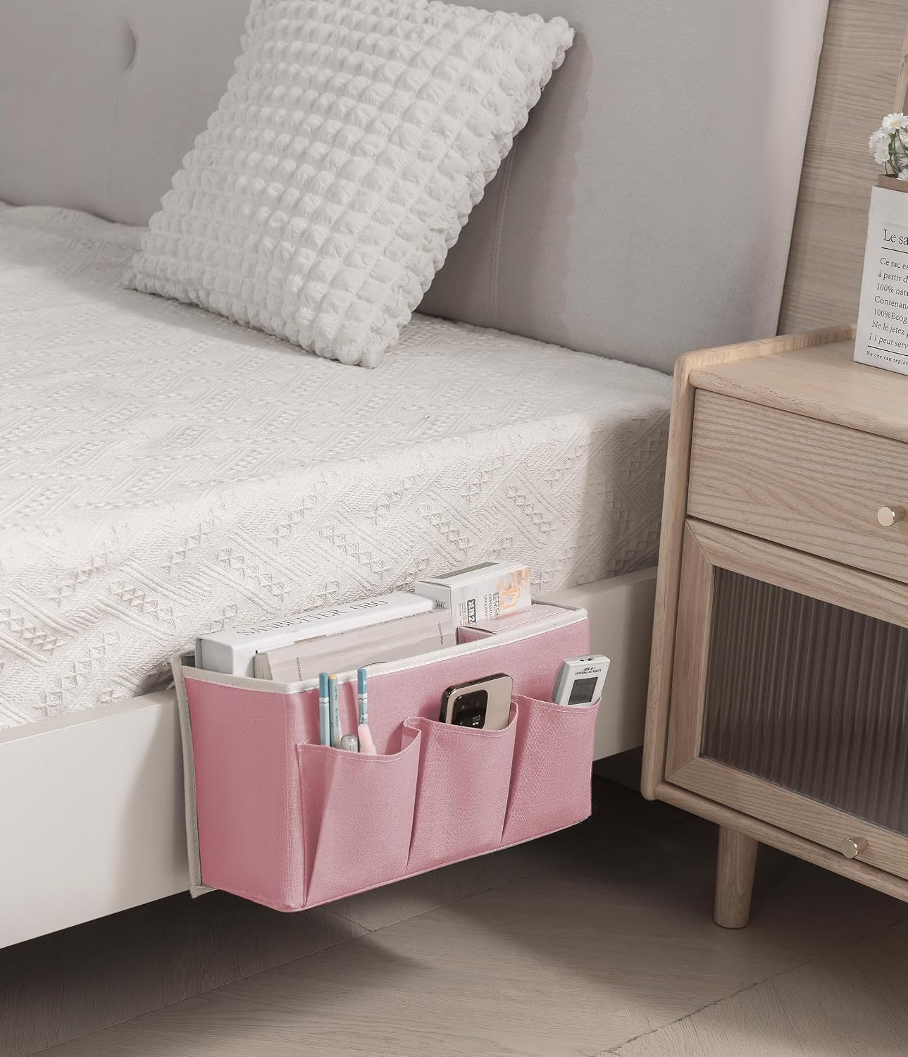 Bedside Caddy/Bedside Storage Organizer Hanging Bag with Three Options,Suitable for home beds, sofas, and dormitory beds—can hold magazines, books, phones, iPads, remote controls. (Gray)