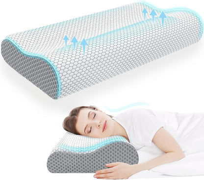 Neck Pillow for Sleeping, Ergonomic Cervical Bed Pillow, Blue Standard Size | Memory Foam Bed Pillow for Side Back Stomach Sleepers, Contour Fit Neck Pillow for Sleeping and Neck Pain Relief