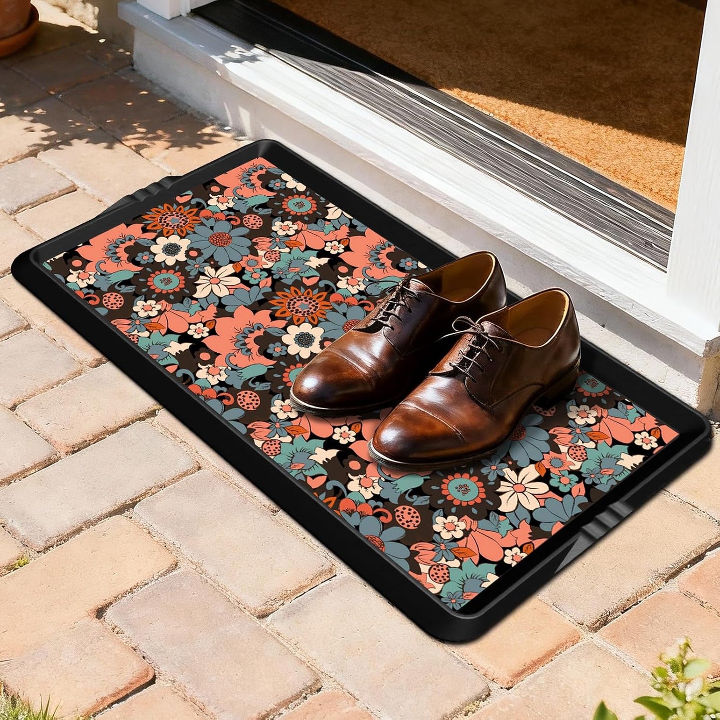 BEHERO Boot Tray Shoe Mat Decorative Patterned, Rubber Shoe Matt Tray Indoor/Outdoor Use, 16" x27.5" Shoe Cleaning Mat Non-Slip, Shoe Storage Waterproof Flower Prints for Entryway, Velvet Bloom