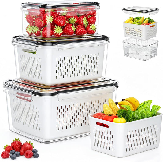 Fruit Storage Containers for Fridge, 3 Pack Plastic Food Storage Container | Produce Storage with Removable Colander, Refrigerator Organizers Keep Fruits Berry Veggie Salad Fresh Longer, Dishwasher Safe