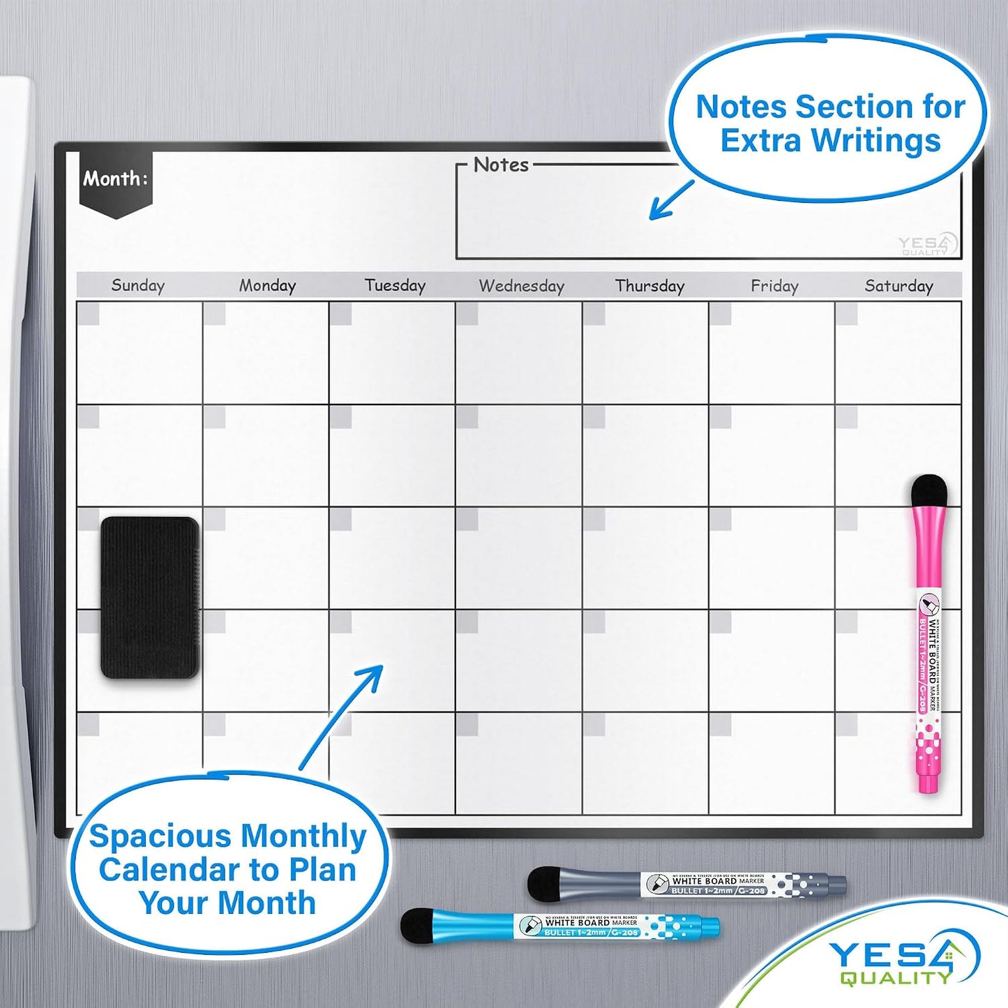 Magnetic Dry Erase Calendar 16x12 for Fridge with 3 Markers & Eraser | Strong magnetic dry erase calendar keeps schedules, meals and family plans organised on your fridge.