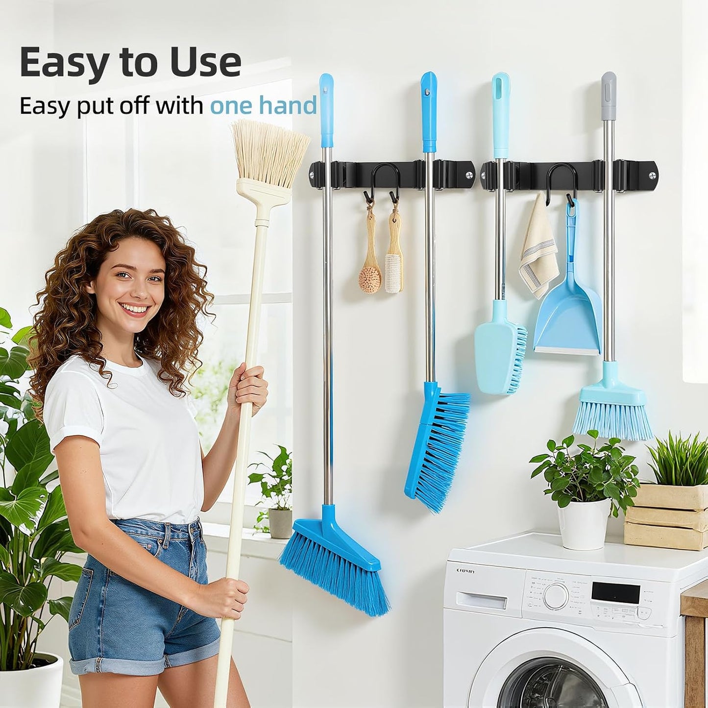 Broom Holder Wall Mount, Stainless Steel Mop and Broom Organizer, Broom Hanger with 2 Slots 2 Hooks for Home Kitchen, Garage, Garden and Laundry Room, Black