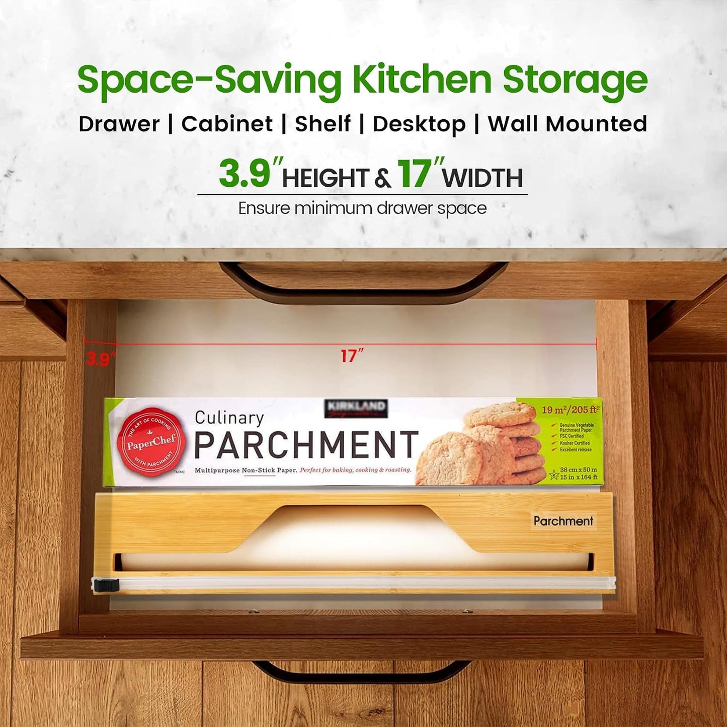 18-Inch Foil Dispenser with Slide Cutter & Butcher Paper Holder | Compact bamboo organizer for countertop, drawer, cabinet or wall mounting, made for many common 18-inch foil and paper rolls