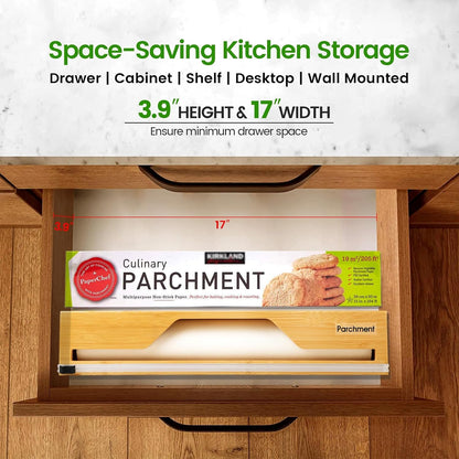 18-Inch Foil Dispenser with Slide Cutter & Butcher Paper Holder | Compact bamboo organizer for countertop, drawer, cabinet or wall mounting, made for many common 18-inch foil and paper rolls