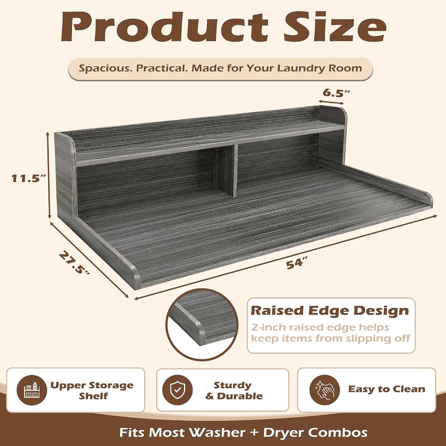Royxen Laundry Countertop with 2-Tier Shelf Universal Fit, Washer and Dryer Countertop with Storage Space, Shelf Height 11.5 Inches, Solid Wood Core, Walnut