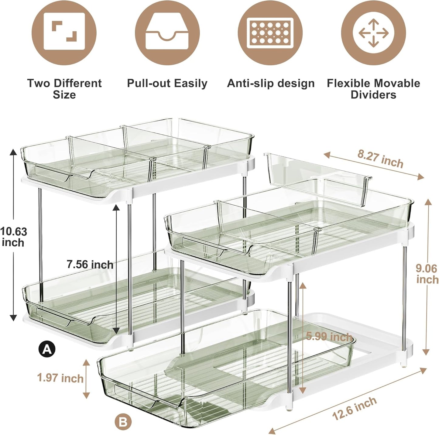 Delamu 2-Tier Multi-Purpose Bathroom Under Sink Organizers and Storage, Stackable Kitchen Pantry Organization, Pull Out Medicine Cabinet Organizer with Movable Dividers, White, 2 Pack