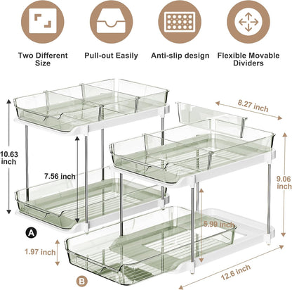 Delamu 2-Tier Multi-Purpose Bathroom Under Sink Organizers and Storage, Stackable Kitchen Pantry Organization, Pull Out Medicine Cabinet Organizer with Movable Dividers, White, 2 Pack