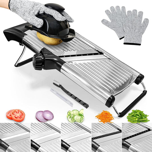 Mandoline Slicer, Adjustable Stainless Steel Slicer, Food Holder and Gloves | Adjustable stainless steel blade slices potato, onion and tomato with food holder and safety gloves for safer daily meal prep