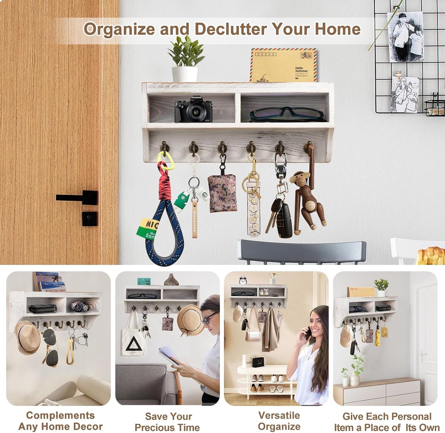 Key Holder Wall Mount with Mail Organizer, 6 Hooks & Shelf, Brown | Wood Key Holder Wall Mount with 6 Key Hooks, Shelf & Storage Box and Mail Organizer for Entryway, Apartment, Home and Office
