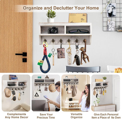 Key Holder Wall Mount with Mail Organizer, 6 Hooks & Shelf, Brown | Wood Key Holder Wall Mount with 6 Key Hooks, Shelf & Storage Box and Mail Organizer for Entryway, Apartment, Home and Office