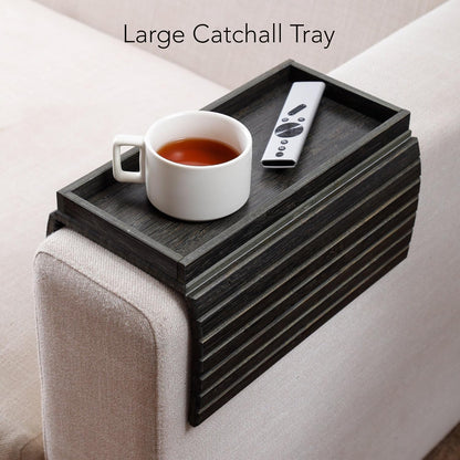 DETOR Couch Arm Tray with Spacious 12.4" x 5.4" Storage Box, Walnut Bamboo Finish, Enhanced Non-Slip Felt Bottom, Sturdy Bamboo Slats, Fits Armrests 6" and Wider