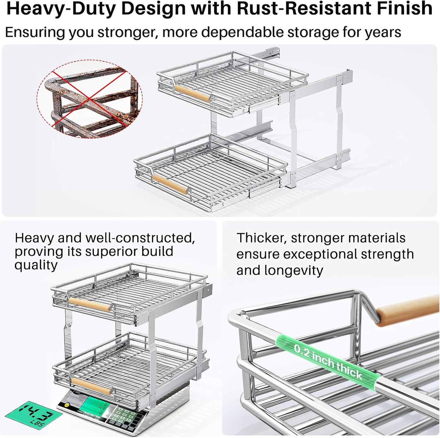 Pull out Cabinet Organizer, 15"W X 21"D, Heavy Duty Smooth Sliding Under Cabinet Shelves for Pots and Pans, Full-Extension Roll out Drawers, Slide out Organization for Home Kitchen Pantry